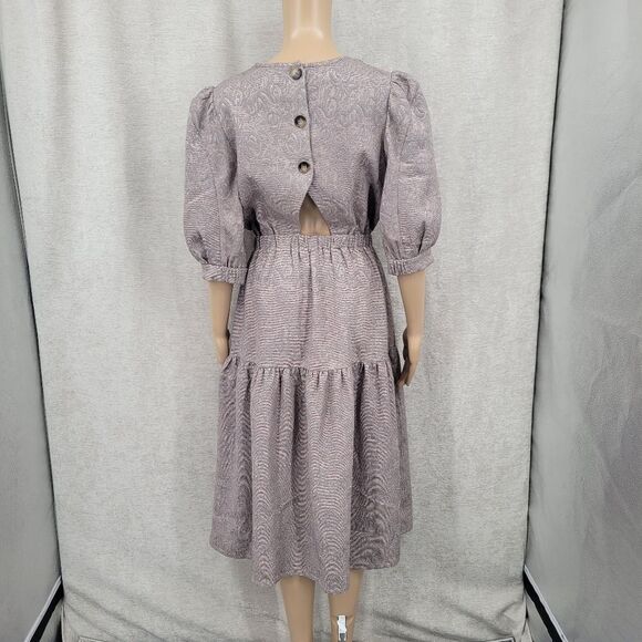 Current Air Taupe Floral Jacquard Puffed Sleeve Teired Midi Dress Back Cutout - Picture 6 of 10